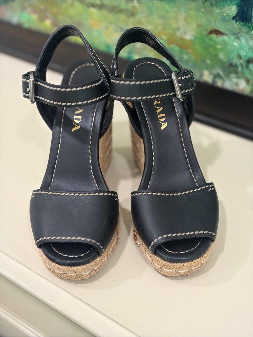Prada Black Leather Espadrille Wedge Sandals with Contrast Stitching
